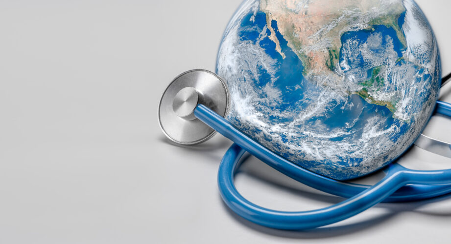 Stethoscope listening planet Earth. Global Healthcare. Stethoscope wrapped around globe on white background. Global health and Green Earth day concept. Elements of this image were furnished by NASA